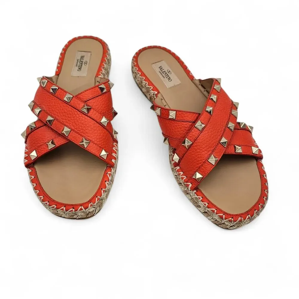 Valentino Garavani Rockstud Flat Slide Espadrille Sandal Orange Size 39 US 9